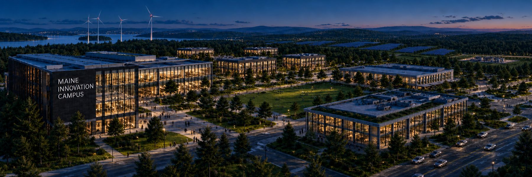 Concept render of the Maine Innovation Campus at night: lit timber-and-glass buildings around a green, wind turbines on the horizon