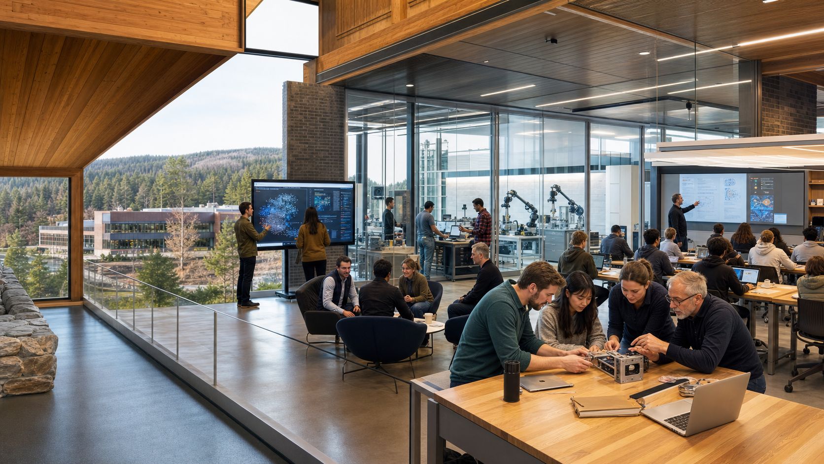 Concept render of a Maine Innovation Campus workspace: people working at laptops, screens and a bench of instruments in a timber-and-glass lab, with forested hills through the windows