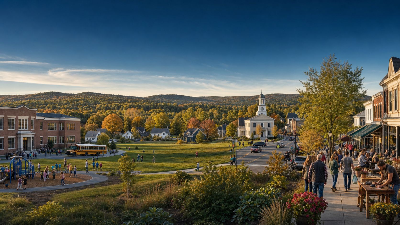 A Maine town on an autumn afternoon: school, green, white church steeple, busy sidewalk cafes, wooded hills beyond