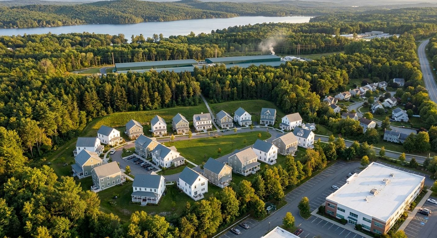 Concept aerial render of the village on Lot B with the data halls behind a tree band on Lot A