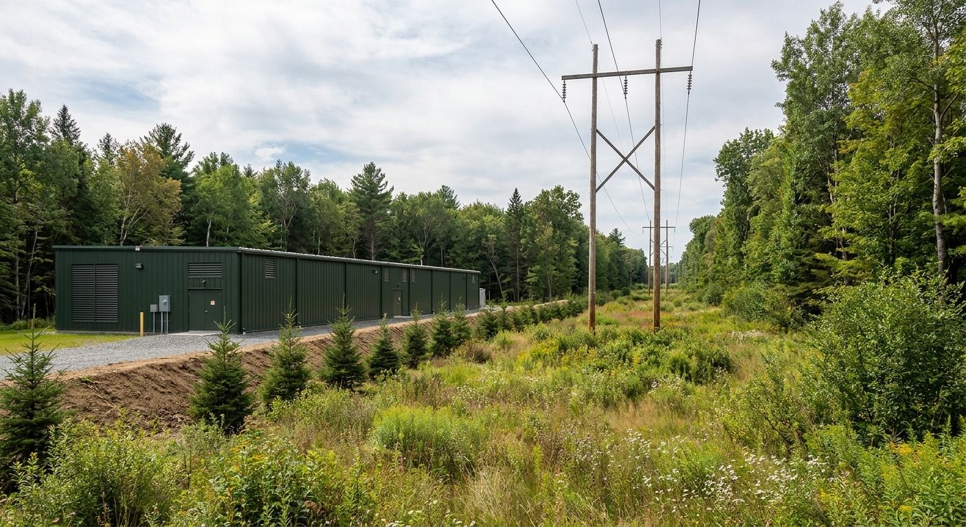 Concept render from inside the utility corridor showing the service side of a data hall behind a berm