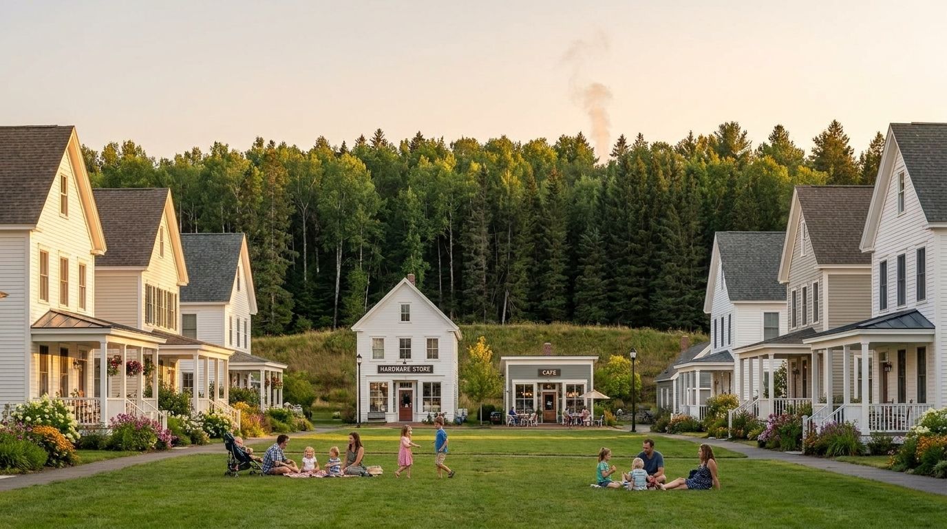 Concept render of the village green with forest and a berm behind, no data hall visible
