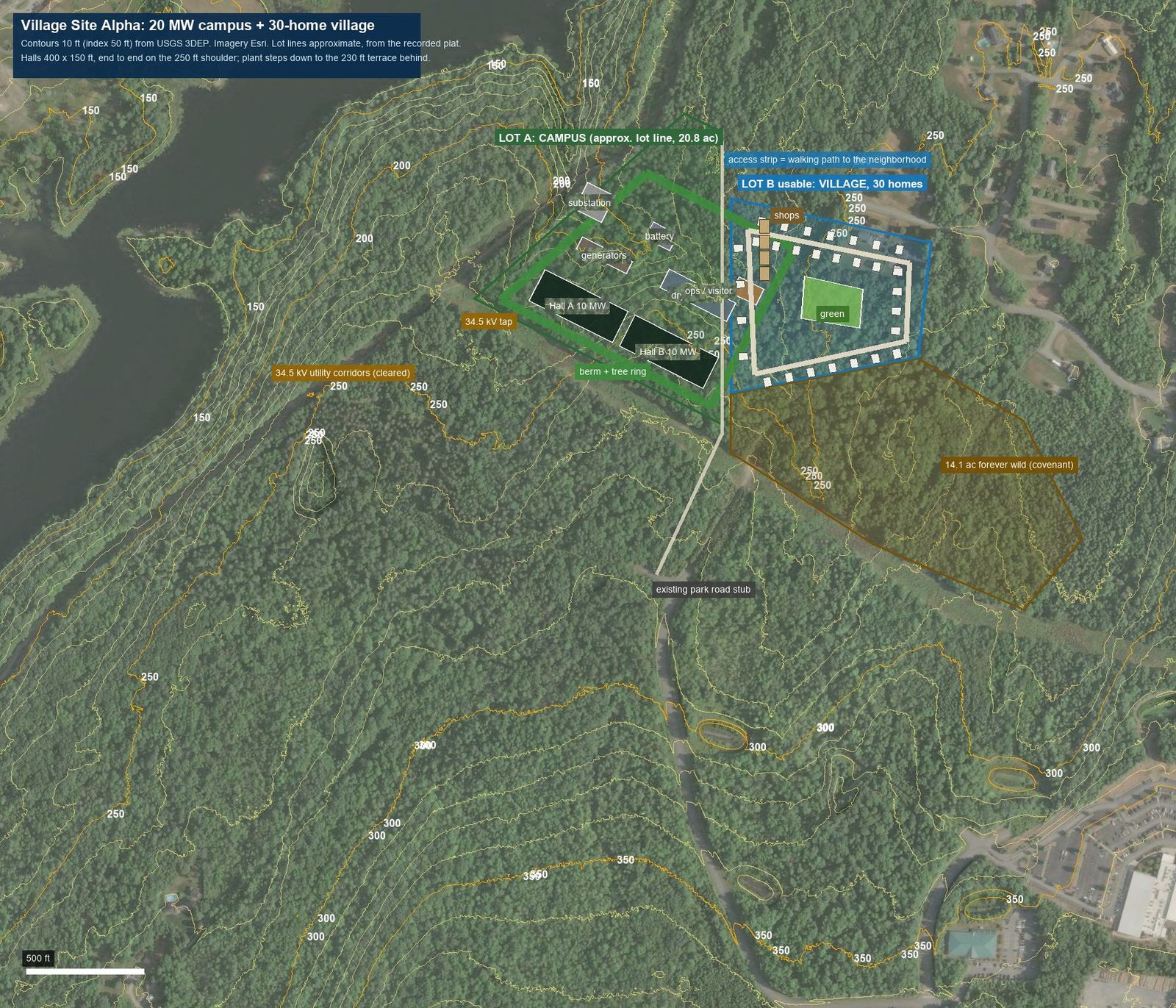 Footprint plan of two data halls and a 30-home village over satellite imagery with contours