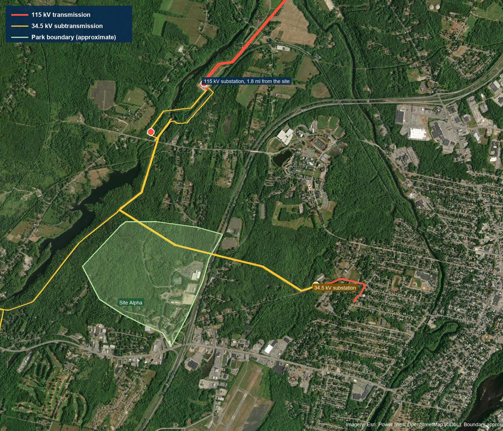 Satellite view showing a 115 kV substation north of the park and a 34.5 kV line running through it